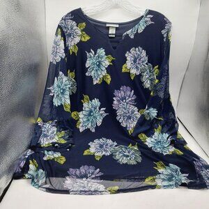 Catherines Blouse Size 2XL Blue Floral Design 3/4 Sleeves Length 29"